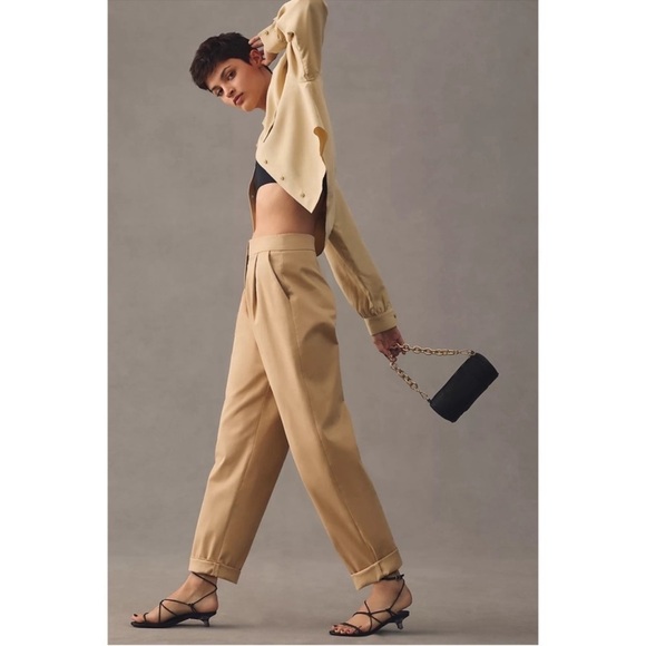 ANTHROPOLOGIE Pleated Rolled Hem Chinos Trouser Pants Tan Cedar Exquise M XL NWT - Picture 5 of 10